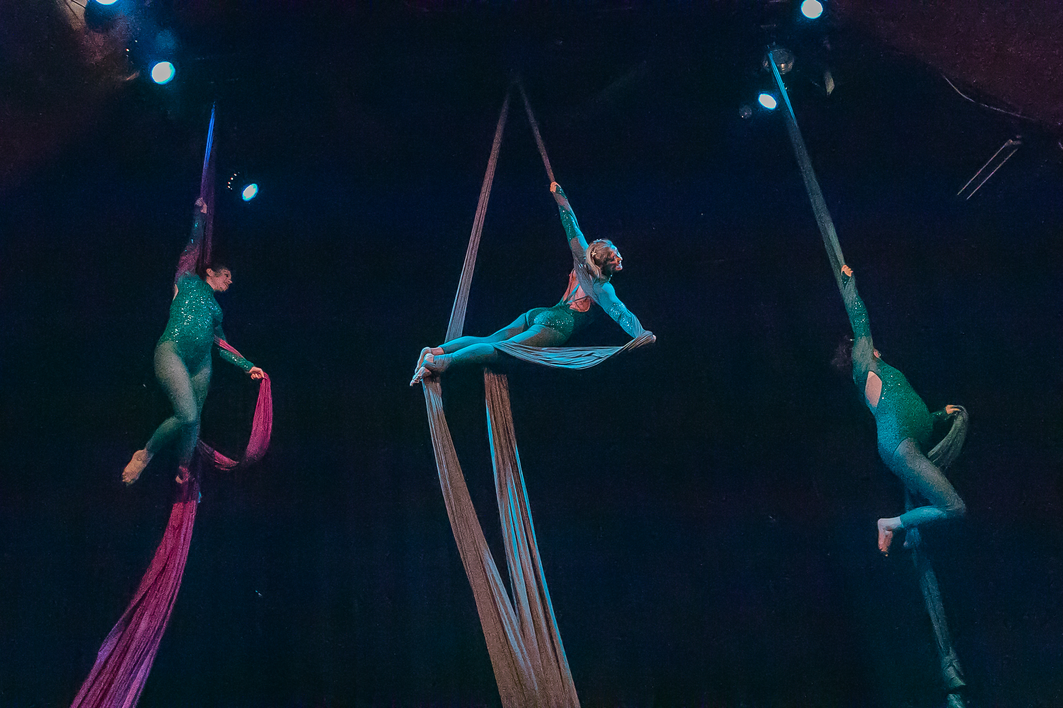 An adult performer in the silks at the 2024 Student Showcase